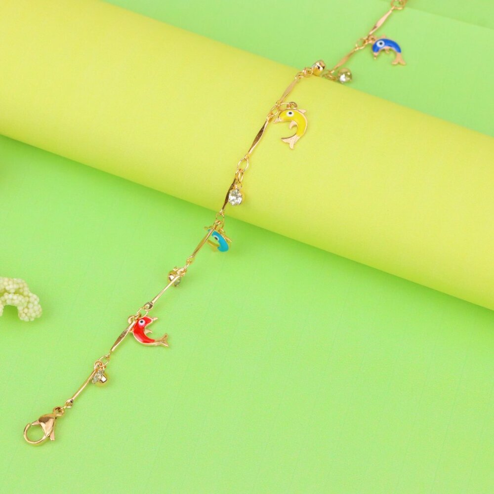 "Multicolor Dolphin Charm Rose Gold Anklet for Trendy Beach Vibes, XPAL1056